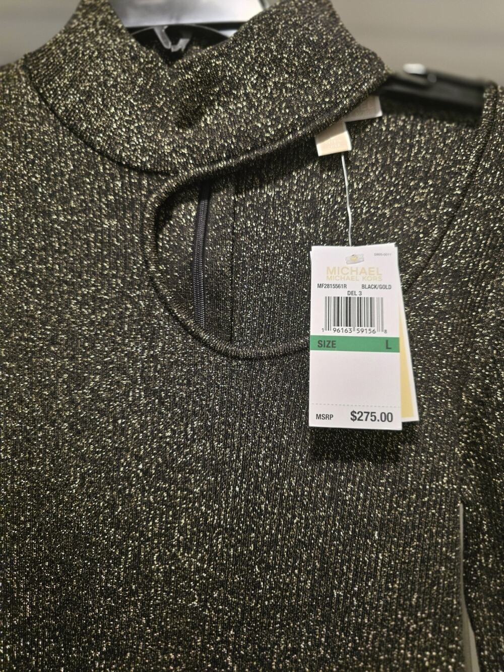 NWT Michael Kors Metallic Cutout Turtleneck Sweater Dress Black Gold L MSRP $275